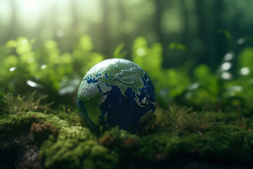 Obraz na płótnie Canvas A globe made of glass resting on a bed of vibrant green moss amidst a field of wildflowers, representing the beauty and fragility of our planet. World Environment Day concept AI Generative