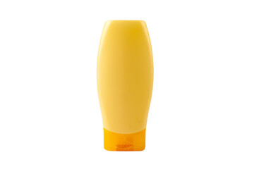One single new clean blank generic yellow shampoo bottle, object isolated on white, cut out, front...