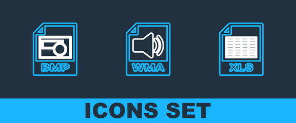 Set line XLS file document, BMP and WMA icon. Vector