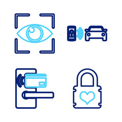 Obraz premium Set line Padlock with heart, Digital door wireless, Smart car alarm system and Eye scan icon. Vector