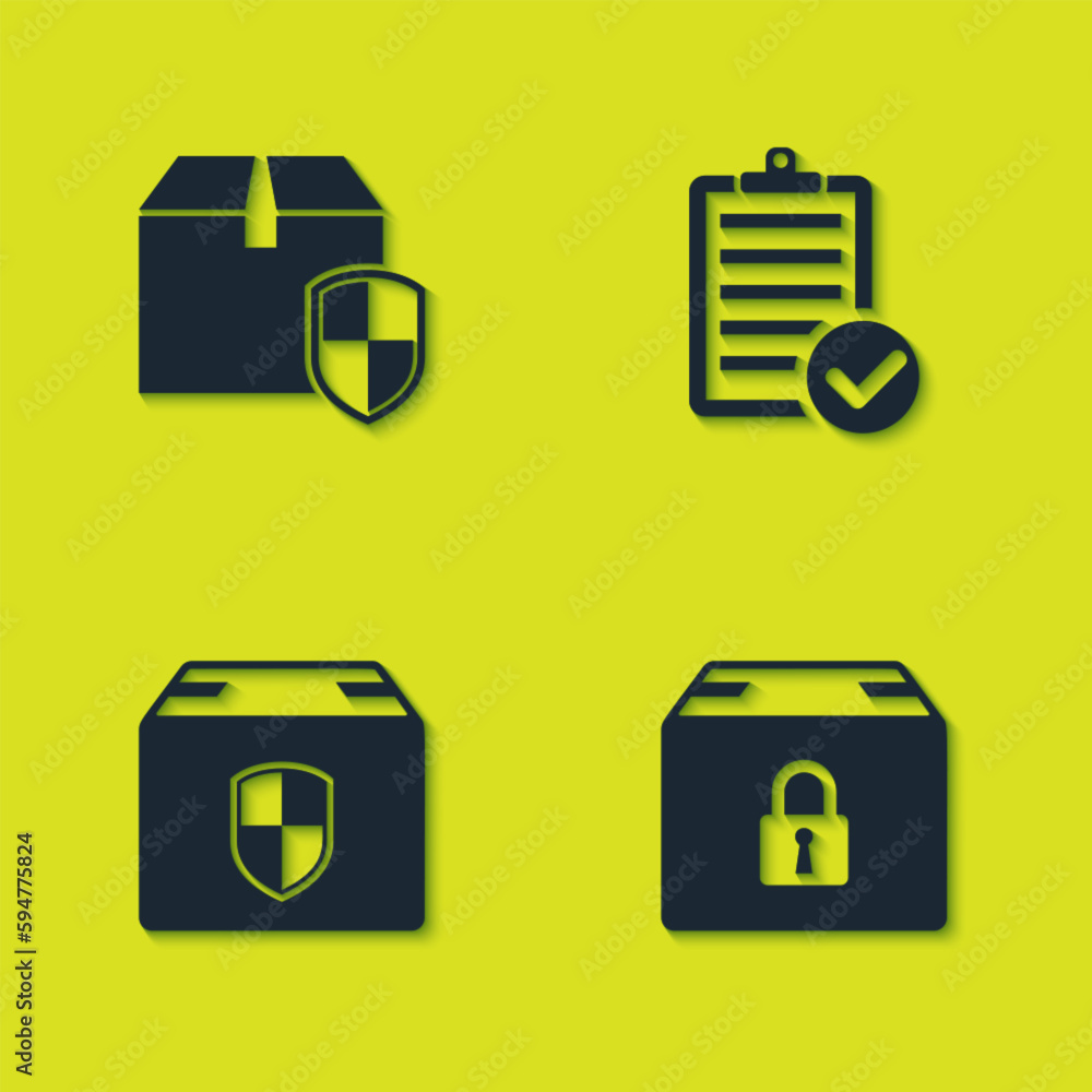 Poster set delivery box security shield, locked package, and verification of delivery list icon. vector