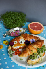 Top view of a croissant with orange jam and cream cheese and with avocado, microgreens on a pansies, fruits. Healthy breakfast.