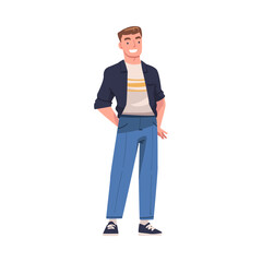 Happy Smiling Young Man Character Standing with Hands in Pocket Vector Illustration