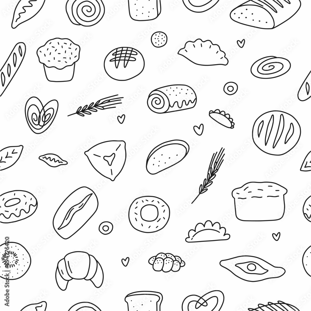 Wall mural Vector pattern of pastries and bread drawn by hand in the style of a doodle