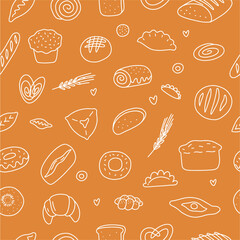 Vector pattern of pastries and bread drawn by hand in the style of a doodle