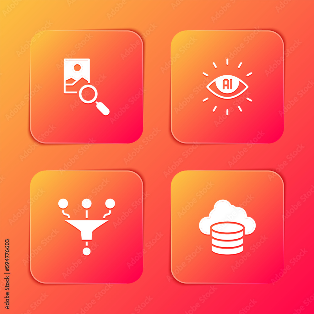 Poster set photo retouching, artificial intelligence ai, funnel or filter and cloud database icon. vector