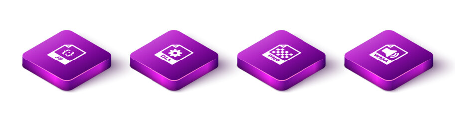 Set Isometric JS file document, DLL, PNG and WMA icon. Vector