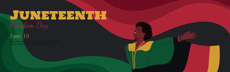 Vector long horizontal banner with black woman on red, green and black background color of African flag. Freedom or Emancipation Day. Annual American holiday. Banner for website, social media, print.