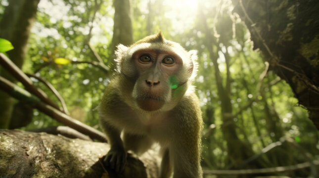Monkey in a cinematic tropical forest background with beautiful colors generative ai