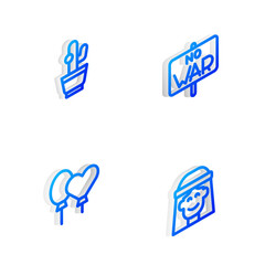 Set Isometric line No war, Cactus, Balloons and Hippie girl icon. Vector