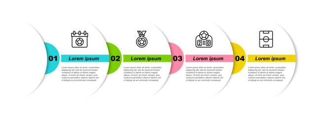 Set line Football or soccer calendar, medal, Sport mechanical scoreboard and field. Business infographic template. Vector