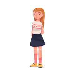 Happy Smiling Girl Character Standing Looking Ahead Vector Illustration