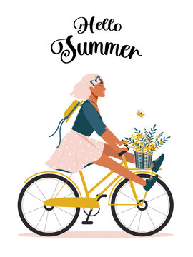 Hello summer. A happy woman rides a bike and enjoys the beginning of summer, improving her physical and mental health with a bouquet of daisies. Positive print on a white background. Vector.