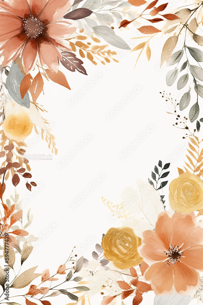 Poster frame with flowers and leaves in boho style with space for text, copyspace in the middle, ai generat