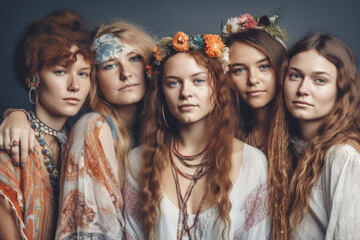 Obraz premium Portrait of a group of young beautiful women, dressed in the hippi clothes, Generative ai