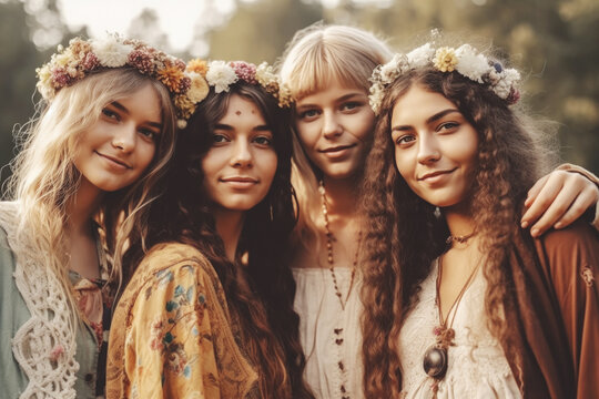 Portrait of a group of young beautiful  women, dressed in the hippi clothes, Generative ai