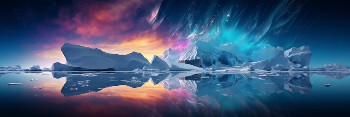 Watercolour illustration of an iceberg. Abstract minimalist background, panoramic Antarctic wallpaper, banner. Pastel blue and pink gradient colours. AI generated image.