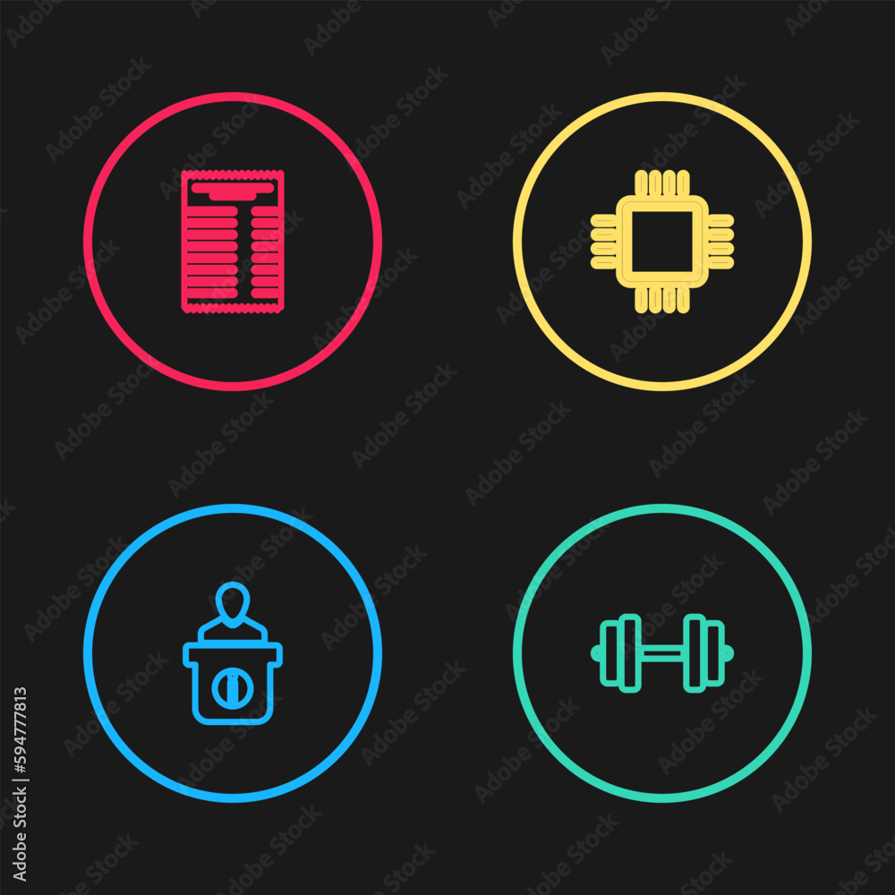 Poster set line information desk, dumbbell, processor with cpu and paper financial check icon. vector