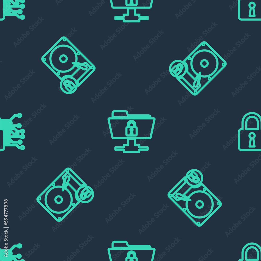 Poster set line ftp folder and lock, hard disk drive and cyber security on seamless pattern. vector