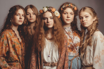 Fototapeta premium Portrait of a group of young beautiful women, dressed in the hippi clothes, Generative ai