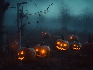 Glowing halloween pumpkins in misty forest created with Generative AI technology.