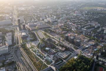 Spodek Arena and Silesian Museum, aerial view in Katowice, Poland