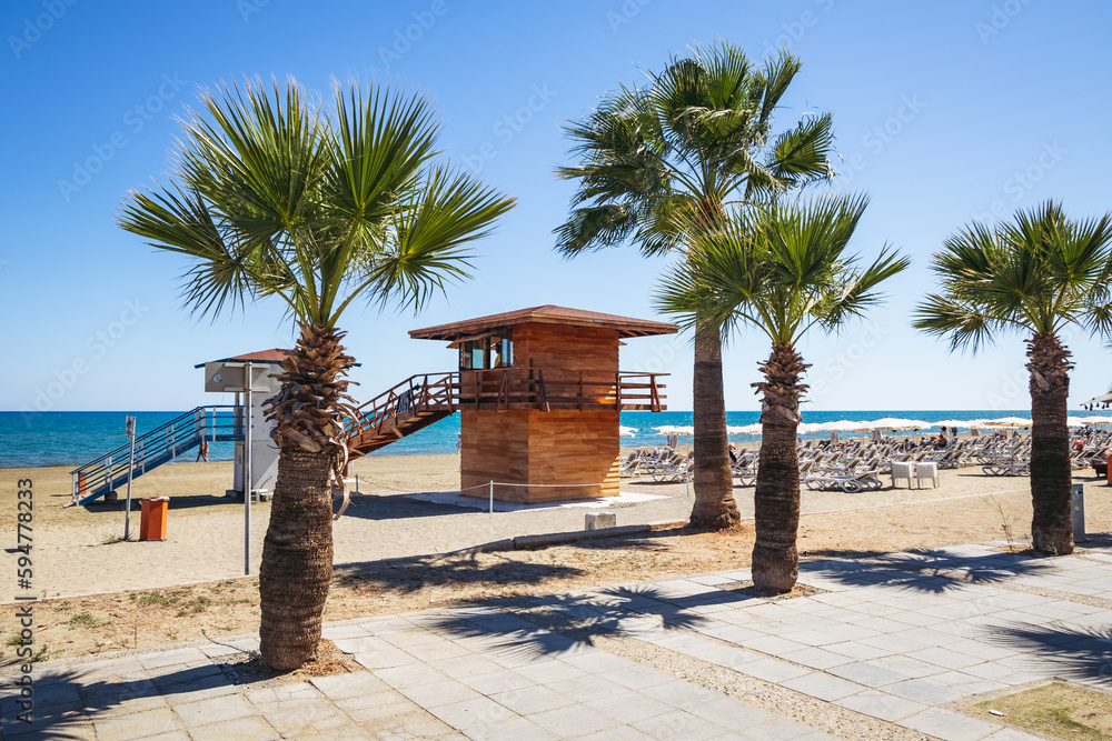 Sticker Lifeguard tower on a beach called Mackenzie in Larnaca city, Cyprus