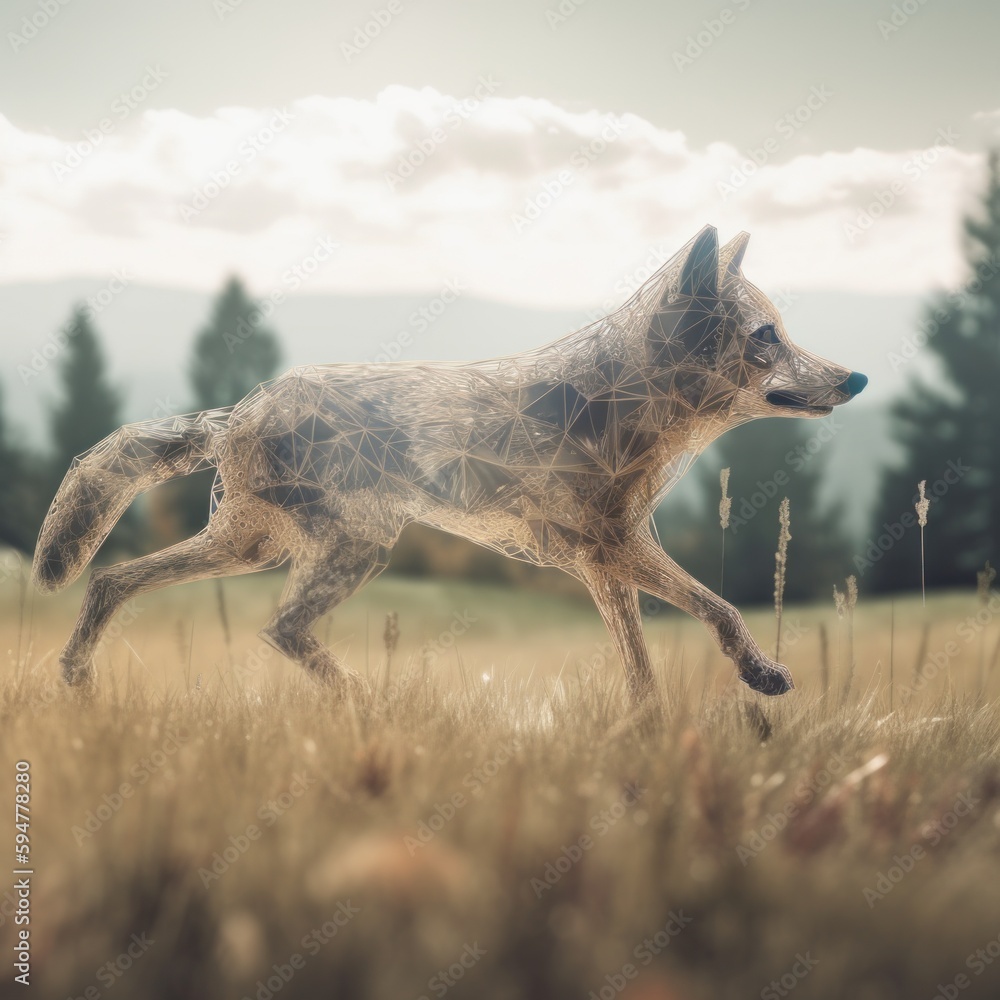 Poster a picture of a dog running through a field. ai generative image.