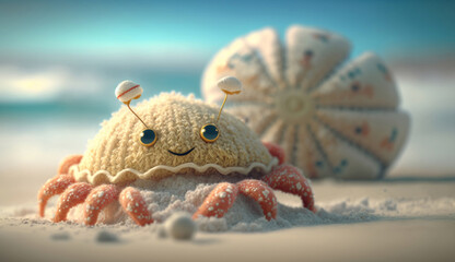 A cute crab in a shell on a sandy sea beach, a knitted toy made of expensive textiles. Character for children's stories and fairy tales. Created with AI.
