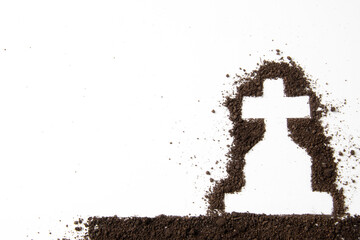 top view of cross shape with dark soil on white background funeral grim reaper death