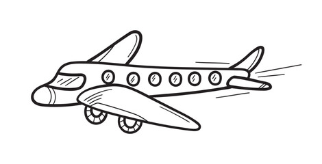 Airplane in doodle sketch lines. Cartoon childish style. Hand drawn vector illustration isolated on white background.
