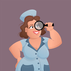 Nice woman ophthalmologist in hospital uniform with magnifying glass and magnifying glass. Checking eyesight with lens. Searching for small objects. Cartoon vector illustration.
