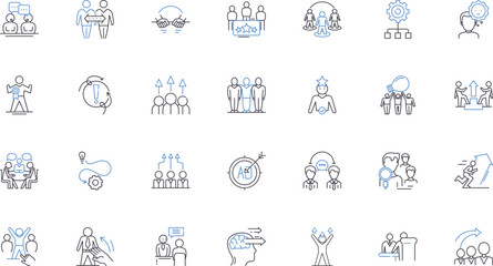 Employee guidance line icons collection. Mentorship, Coaching, Leadership, Development, Training, Support, Accountability vector and linear illustration. Empowerment,Communication,Feedback outline
