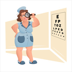 Pretty woman ophthalmologist in hospital uniform behind the vision test chart. The concept of medicine and health care. Cartoon vector illustration.