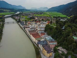 Fototapeta na wymiar Aerial view Rattenberg town in Kufstein, Tirol. Austria by drone. Alps mountains. River Inn.