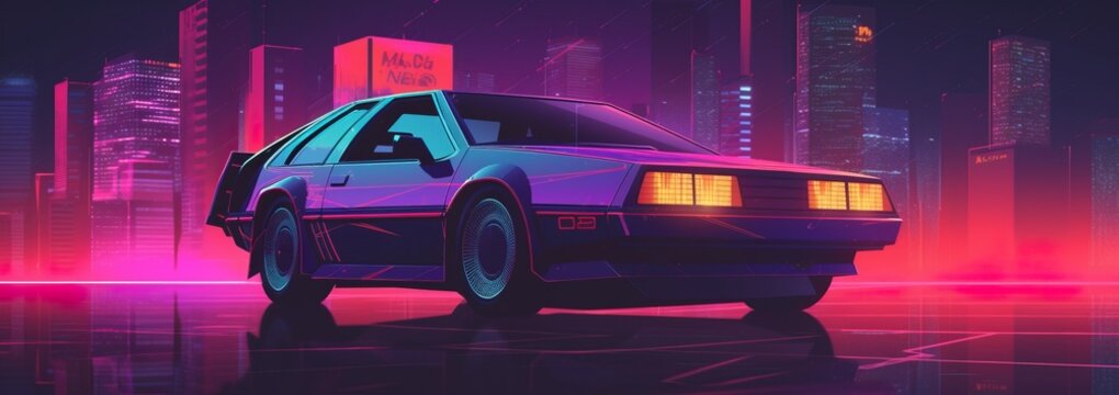 Cyberpunk retro landscape of the 80s. Futuristic Generative AI illustration of futuristic cityscape with car in retro style. Digital retro cyber surface. Suitable for 1980s style design.
