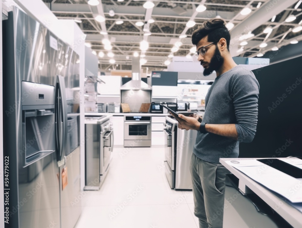 Poster a consumer standing in appliance store trying to choose what to buy. ai generative image.
