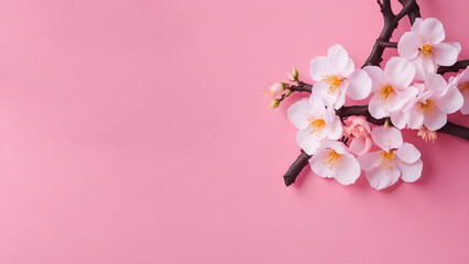 Fototapeta na wymiar Abstract background of macro cherry blossom tree branch on pink background, copy space, birthday, mother's day, valentines day, wedding