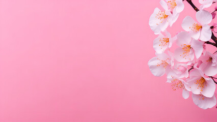 Abstract background of macro cherry blossom tree branch on pink background, copy space, birthday, mother's day, valentines day, wedding