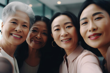 Selfie portrait of group asian people in office, created with Generative AI Technology
