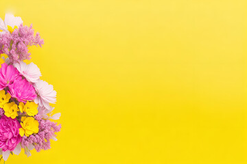 Obraz premium Floral composition on a blank trendy background. Flowers backdrop for Mother’s Day, valentines day, wedding, birthday. copy space 