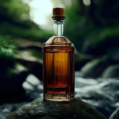 product shot of a vintage whiskey bottle standing on a rock in the forest, no labels, no text, no brand name - 594779626