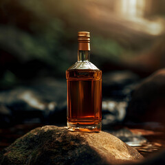 product shot of a vintage whiskey bottle standing on a rock in the forest, no labels, no text, no brand name - 594779648