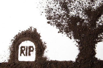 top view of grave shape with rip inscription and soil on the white background grim reaper death...