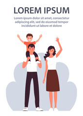 Happy family. Man, woman and child. Father, mother and little boy. Welcome gesture. Flat vector illustration poster isolated on white background