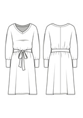 womenswear casual knit dress with waist strap fashion technical drawing / flat sketch /CAD / ADOBE Illustrator vector digital download