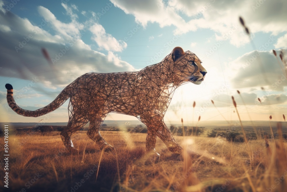 Poster a sculpture of a cheetah in the middle of a field. ai generative image.