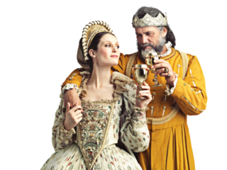 Cheers, king and queen in medieval costume, drink and celebration for theatre art couple. History, man and woman toast chalice to celebrate renaissance marriage isolated on transparent png background