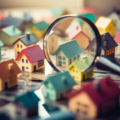 House, private village and magnifying glass.. - obrazy, fototapety, plakaty