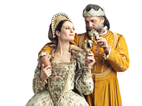 Cheers, king and queen in medieval costume, drink and celebration for theatre art couple. History, man and woman toast chalice to celebrate renaissance marriage isolated on transparent png background